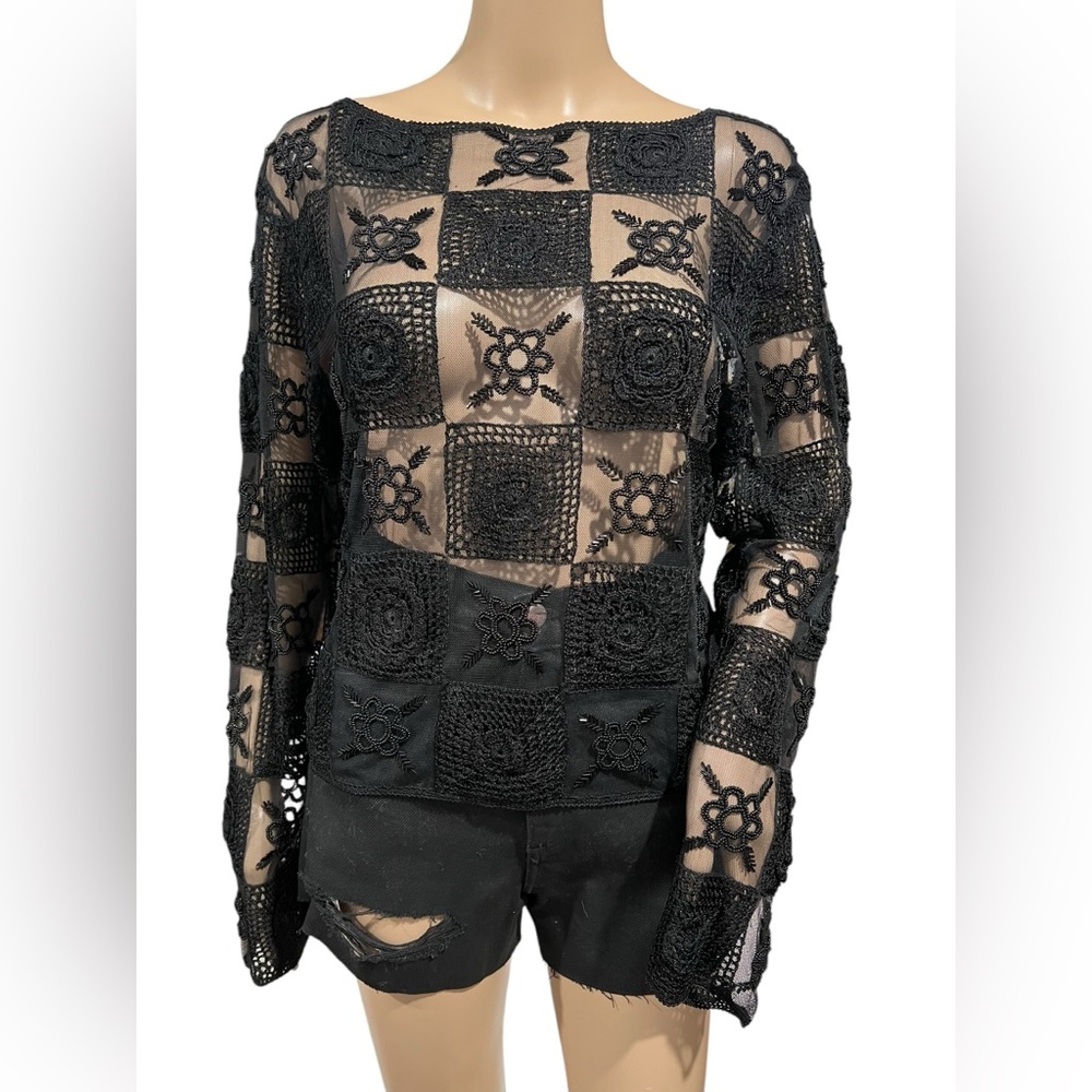 Y2K Vintage CACHE Crotchet Top Womens Size 6 Mesh Beaded Black Boho Festival
